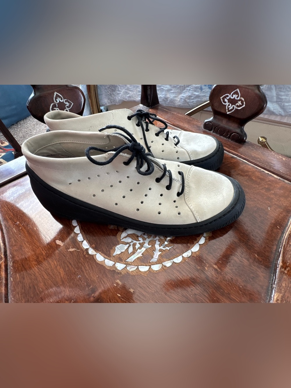 Women French Arche Ecru Suede Lace-Up Casual Sneakers with Black Sole